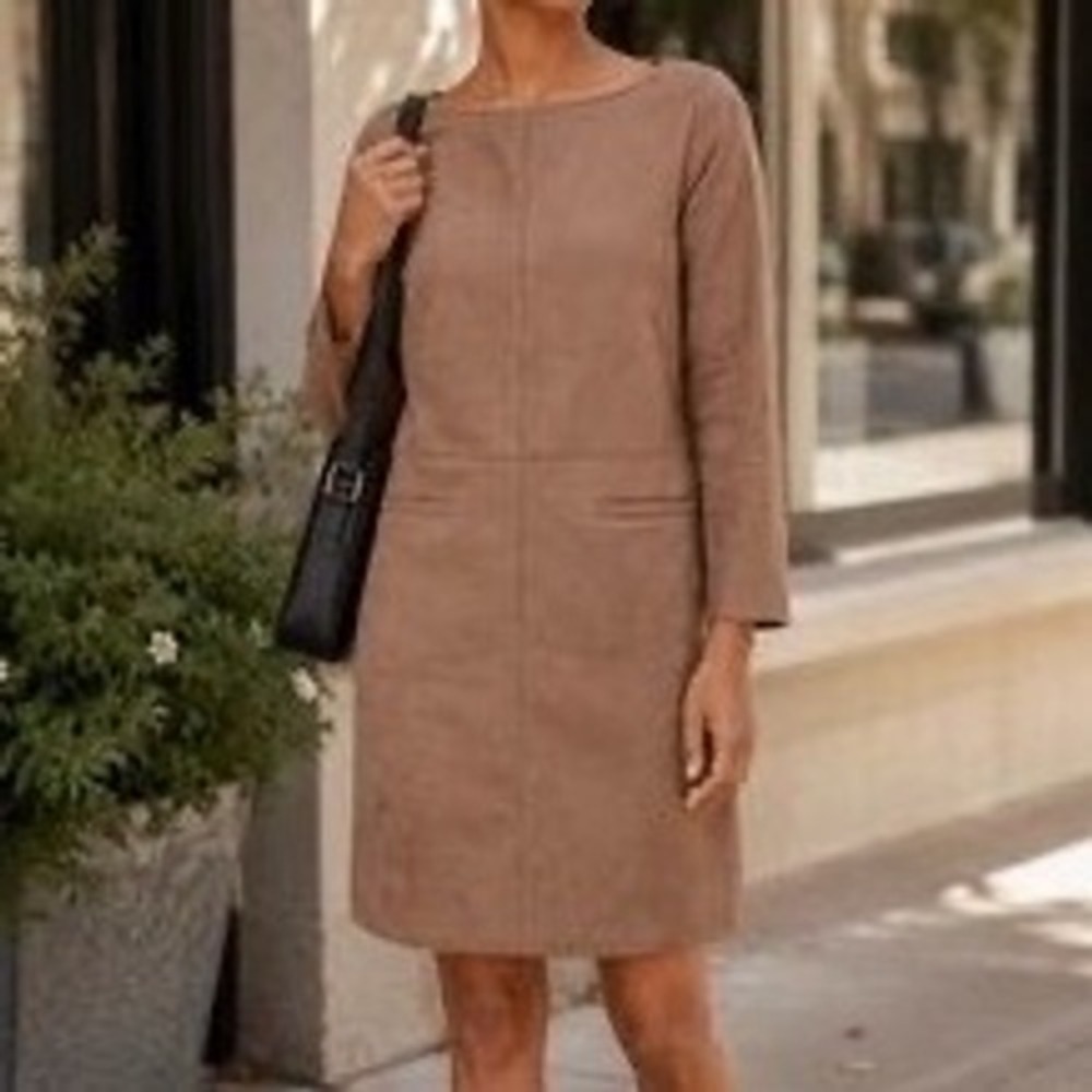 Ann Taylor Faux Suede Shift Dress Brown Tan Long Sleeve Pocket Workwear 6 f5